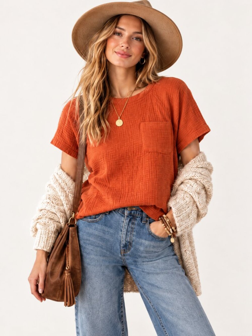 Madewell Double Gauze Top Womens S Orange Rust Cotton  Button Back Pocket Boho